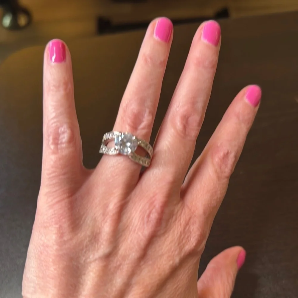 Silver Solitaire Diamond Ring with Side Accents